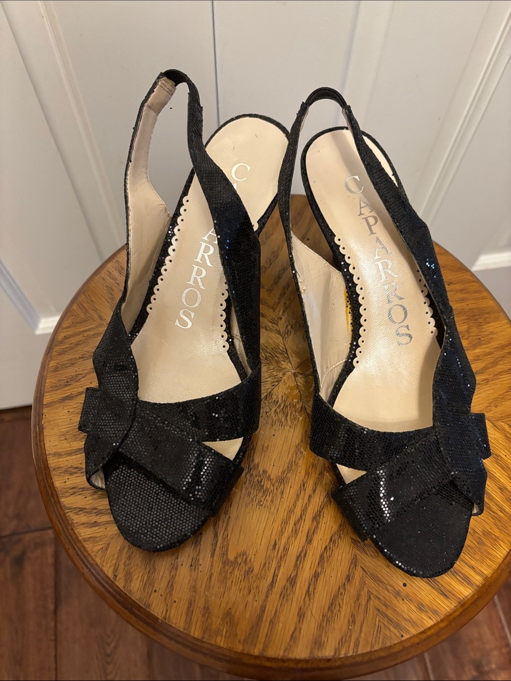 Caparros Black Sequin Slingback Heels with Bow Detail